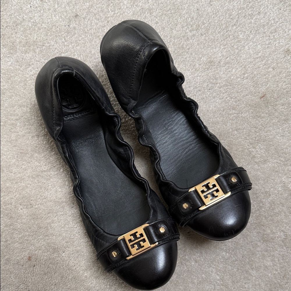 Tory Burch Black Leather Ballet Flats with Gold Logo Accent